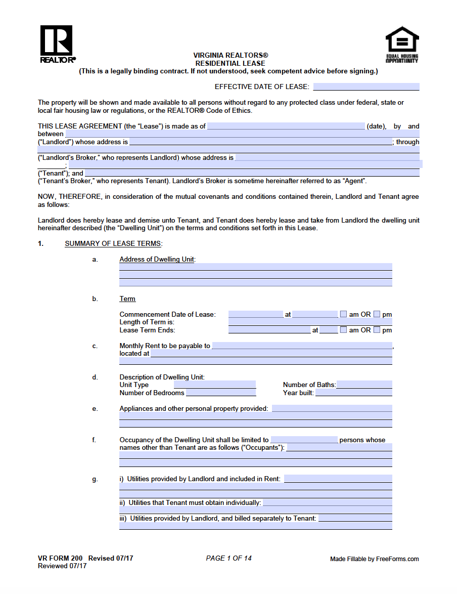 Free Virginia Standard Residential Lease Agreement Template PDF