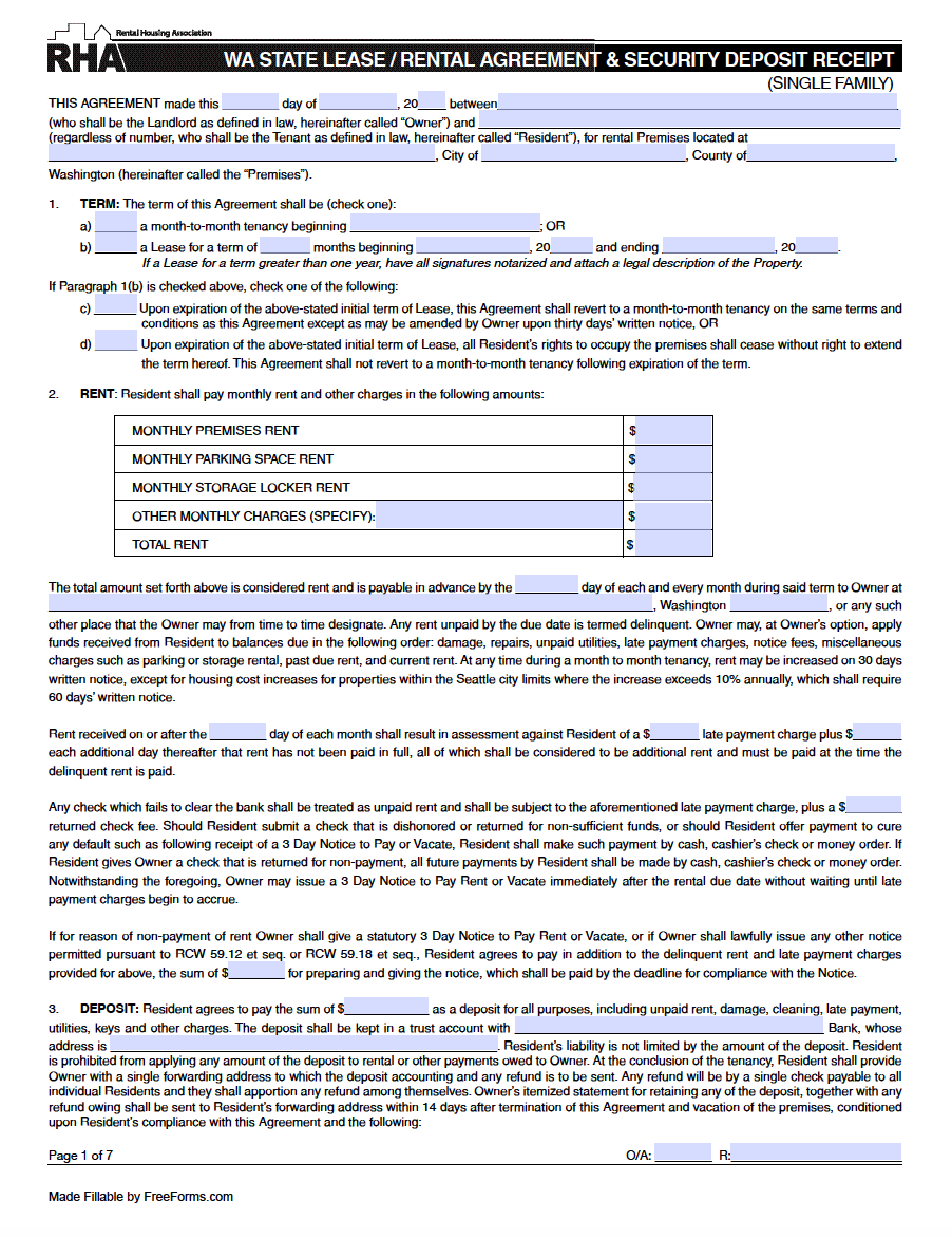 Free Washington Standard Residential Lease Agreement Template PDF WORD