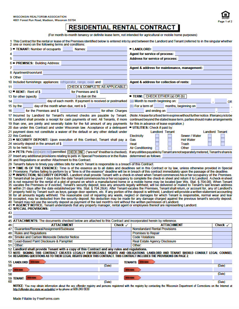 Free Wisconsin Rental Lease Agreement Templates  PDF