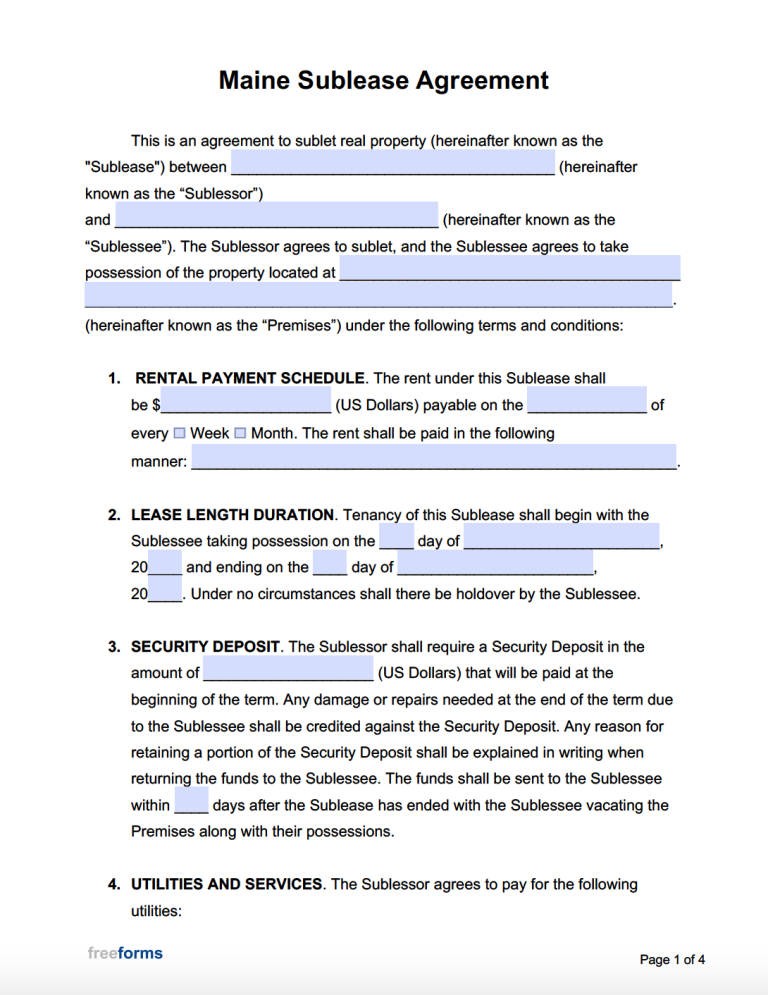 Free Maine Sublease Agreement Template | PDF | WORD