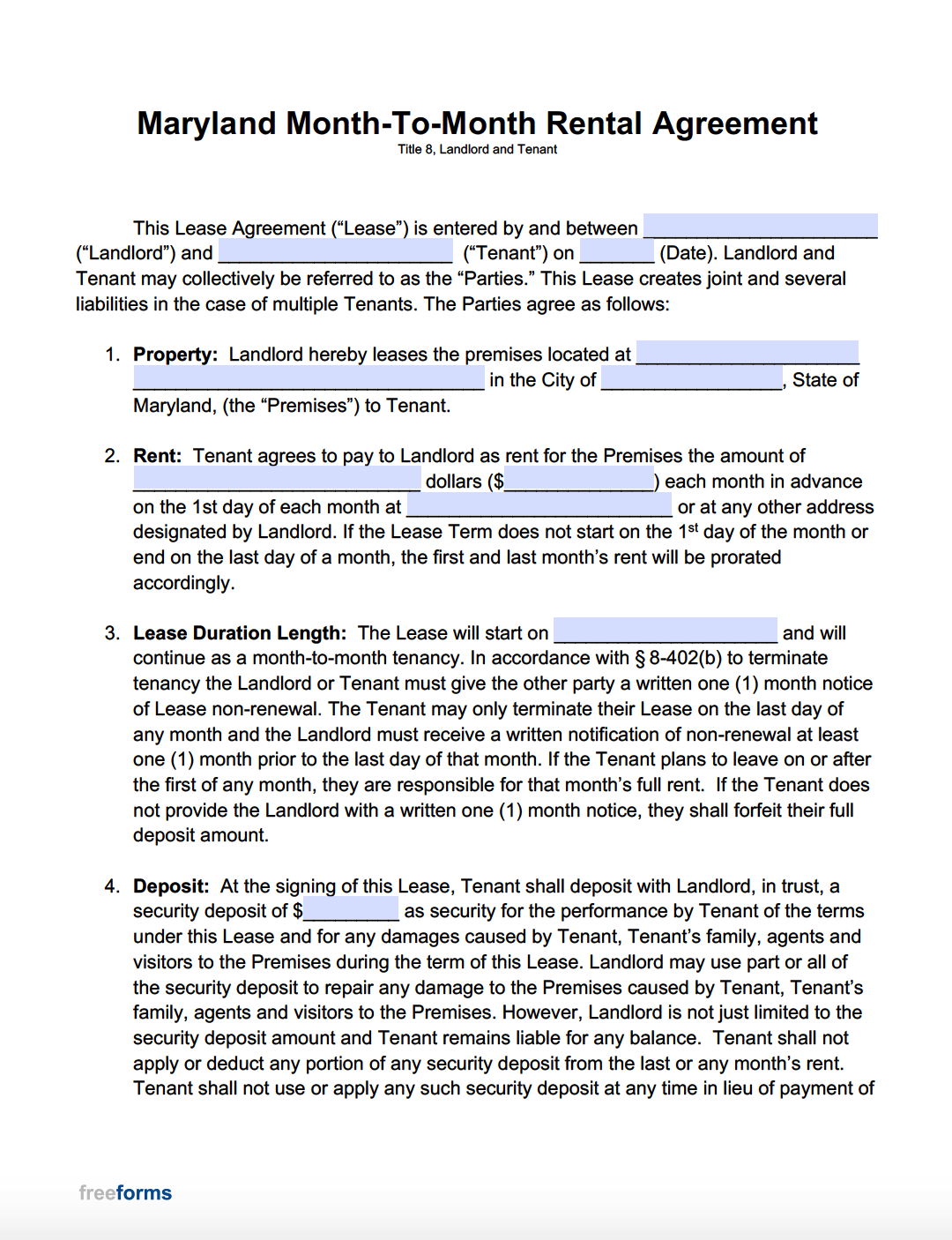 Free Maryland Rental Lease Agreement Templates PDF WORD