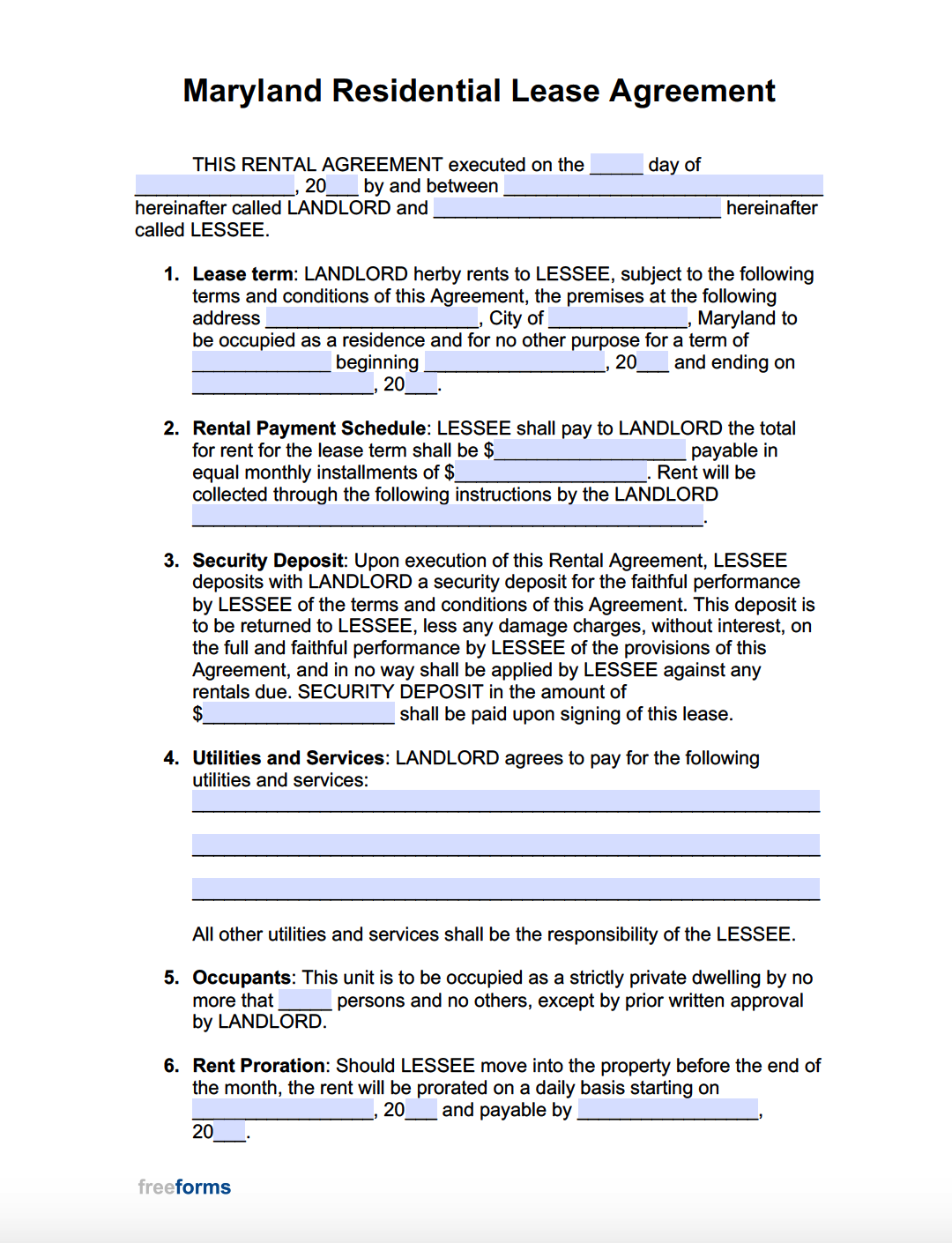 Maryland Residential Lease Agreement Word Printable Form, Templates