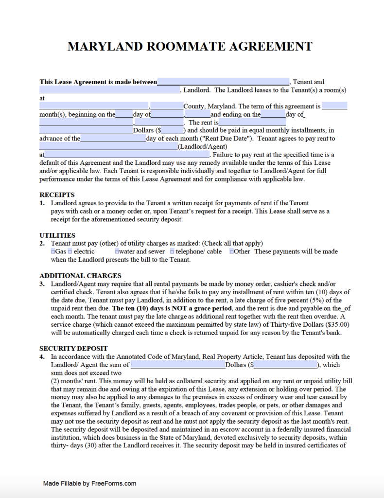 Free Maryland Rental Lease Agreement Templates PDF WORD