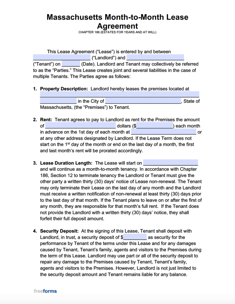 Free Massachusetts MonthtoMonth Lease Agreement PDF WORD