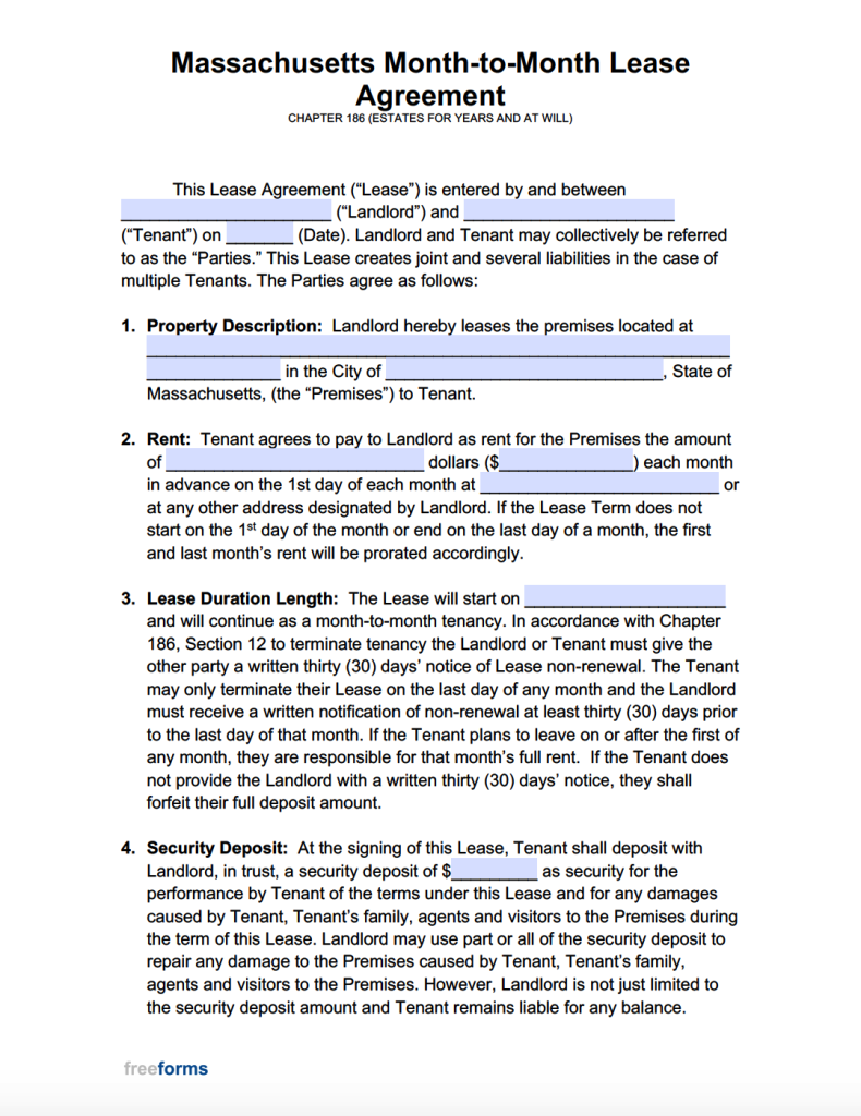 Free Massachusetts Month to Month Lease Agreement PDF WORD