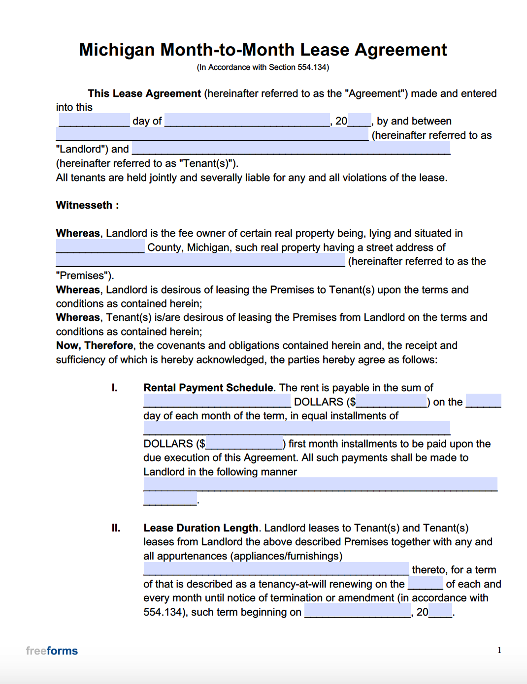 Free Michigan Month to Month Lease Agreement PDF WORD