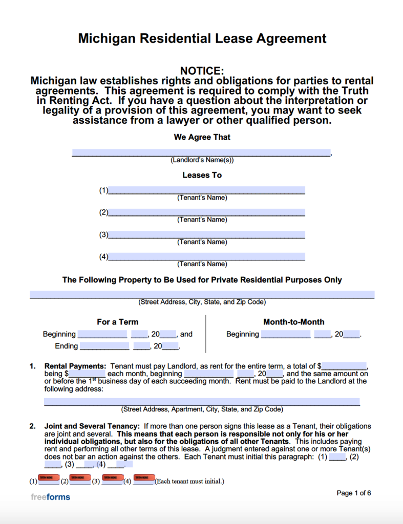 free michigan rental lease agreement templates pdf word