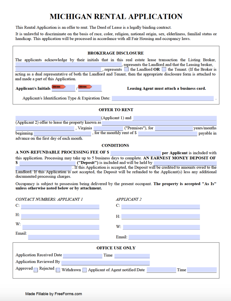 Free Michigan Residential Rental Application Form PDF