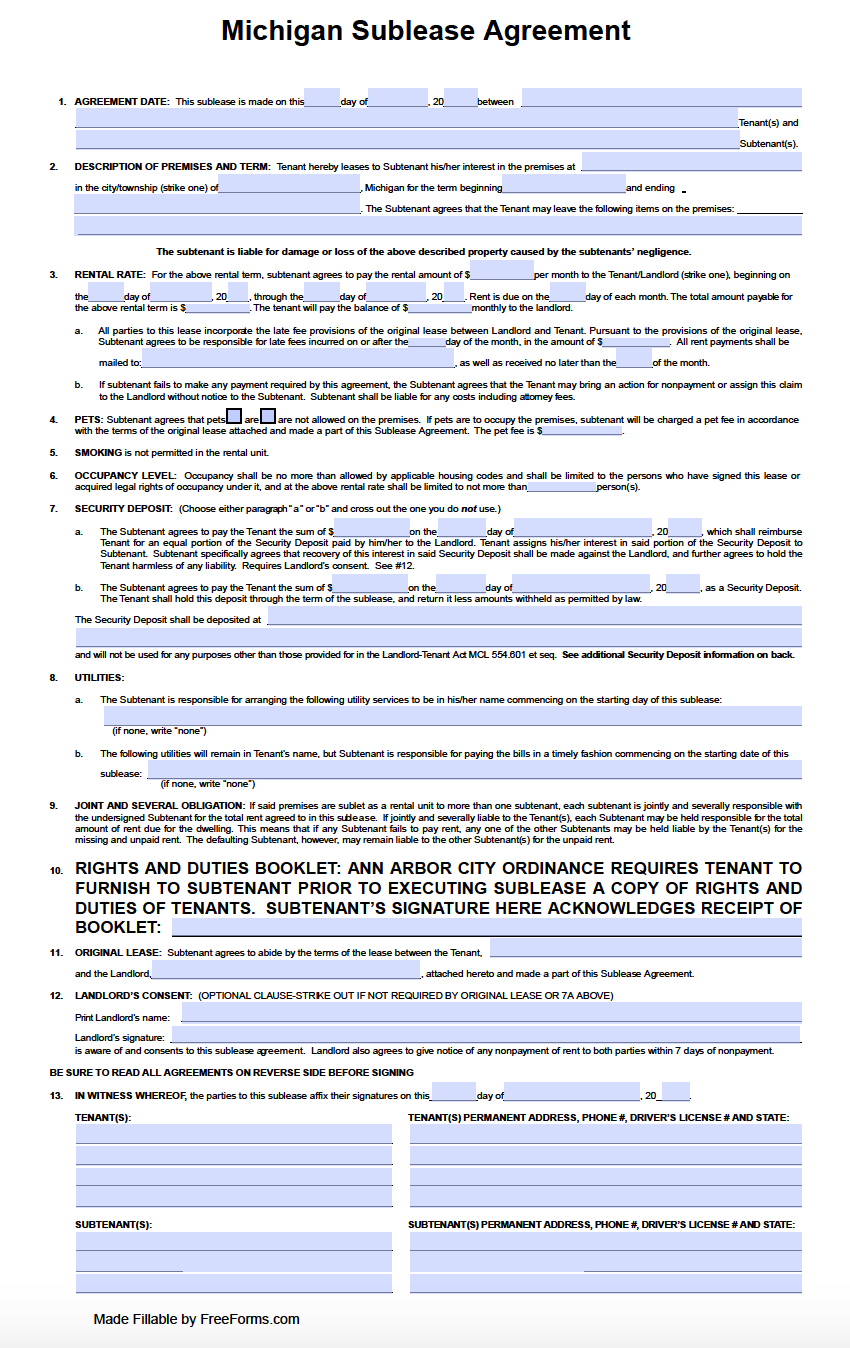 Free Lease Agreement Template Michigan