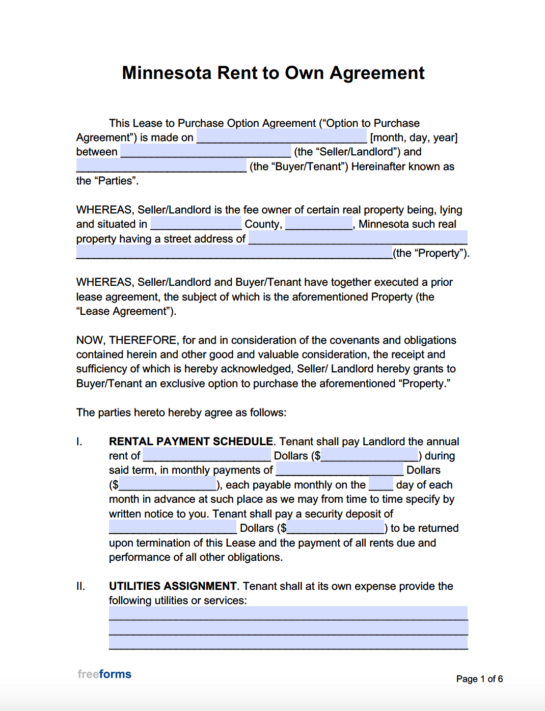 Free Minnesota Rent to Own Agreement Form  PDF  WORD In free rent to own agreement template