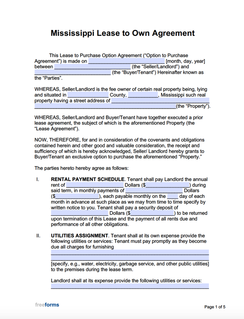 Free Mississippi Rental Lease Agreement Templates PDF WORD