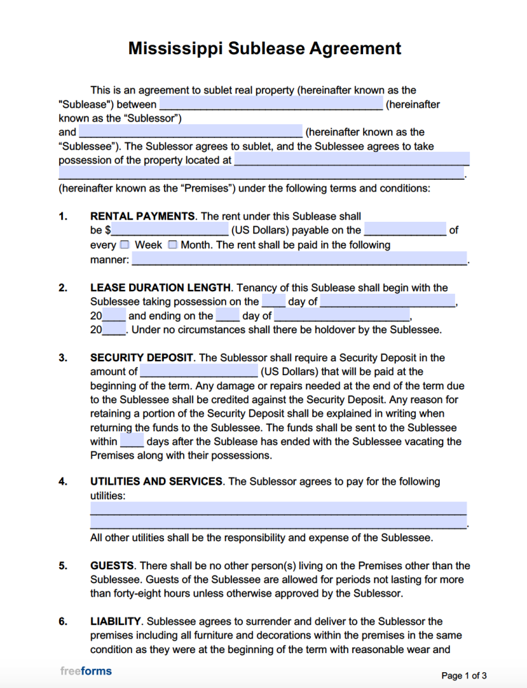 Free Mississippi Rental Lease Agreement Templates PDF WORD
