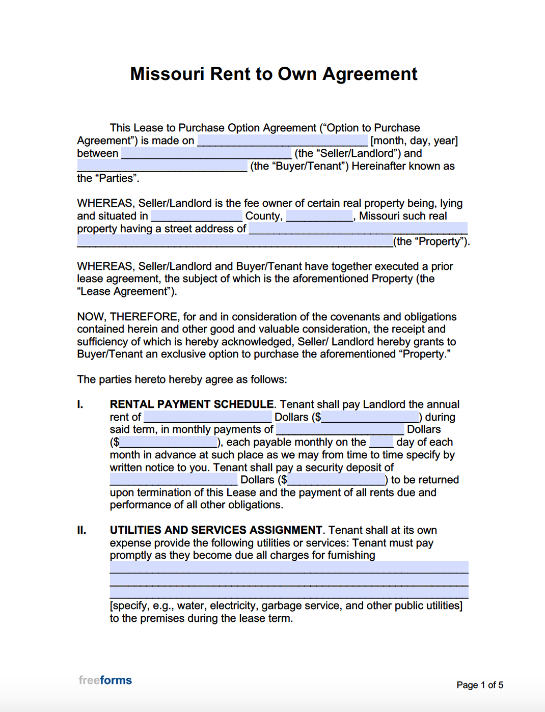 Free Missouri Rent to Own Agreement Form PDF WORD