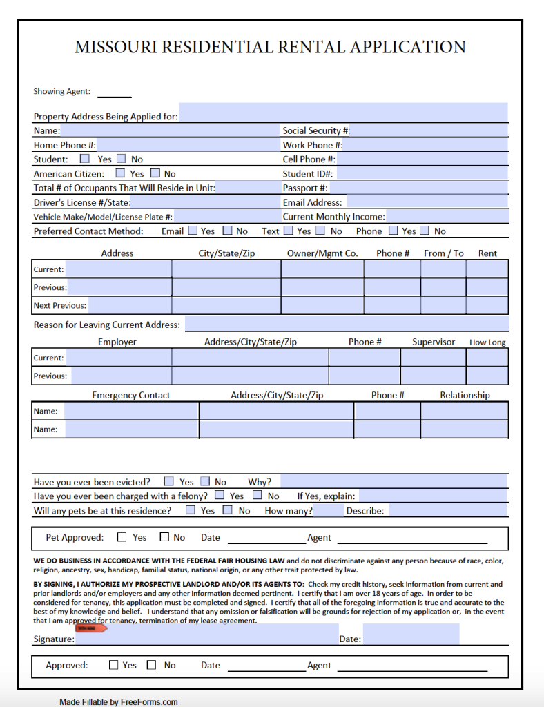 Rental Application Form Missouri