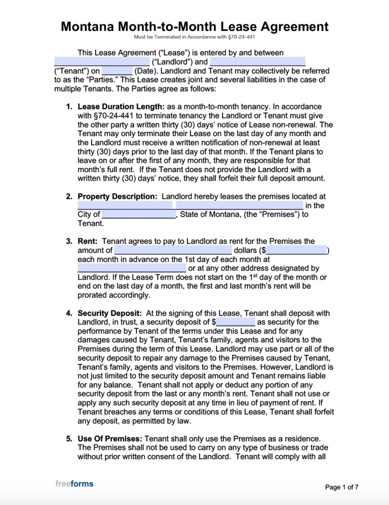 Free Montana Rental Lease Agreement Templates PDF WORD