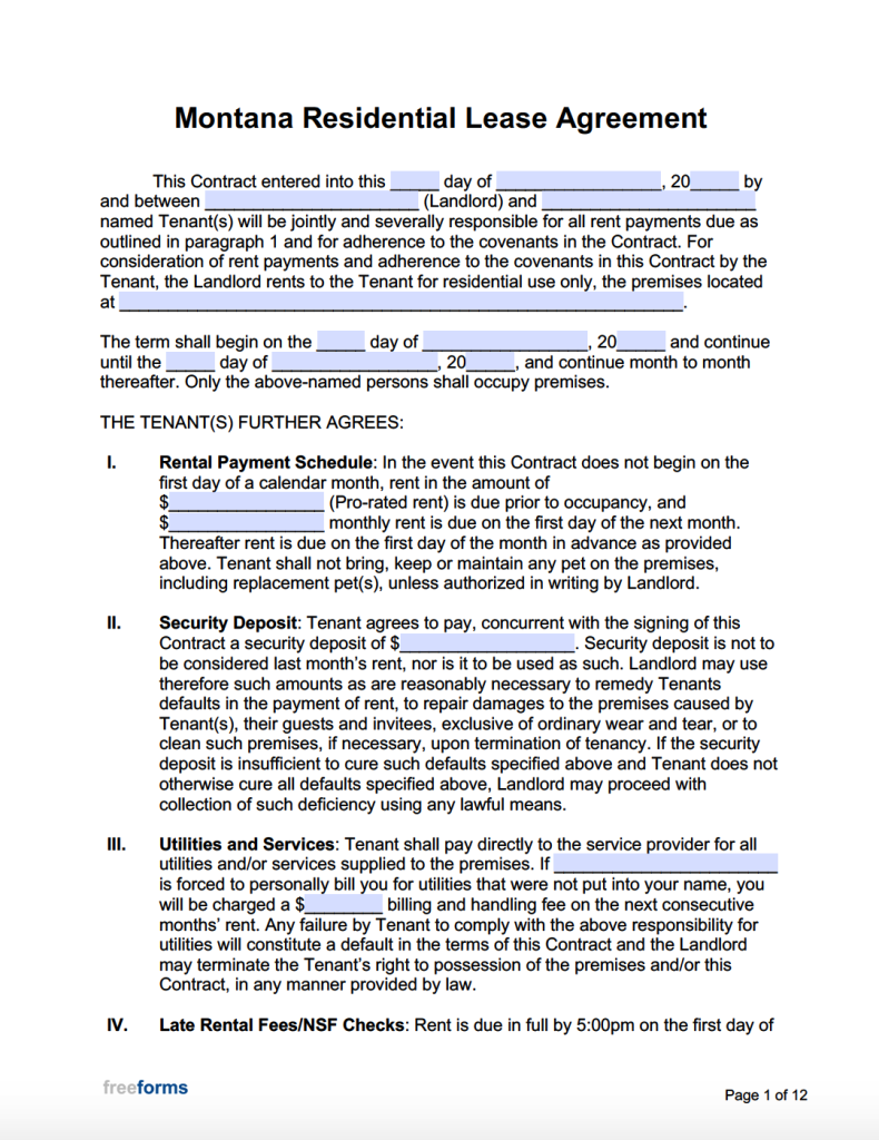 Free Montana Rental Lease Agreement Templates PDF WORD