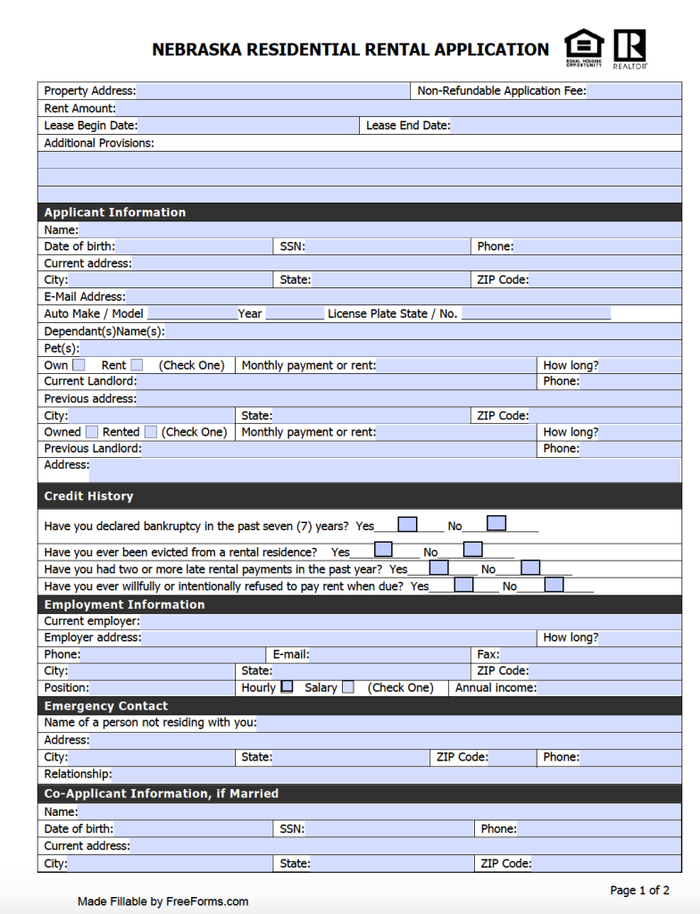 Free Nebraska Residential Rental Application Form | PDF