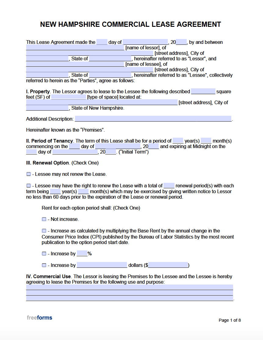 Free New Hampshire Commercial Lease Agreement Template | PDF | WORD