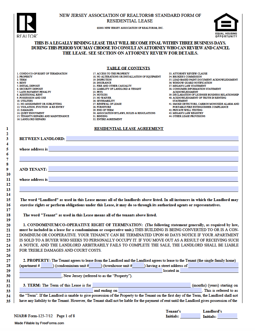 Free Printable Nj Residential Lease Agreement 2023 Calendar Printable   New Jersey Association Of Realtors Standard Form Of Residential Lease Form 125 