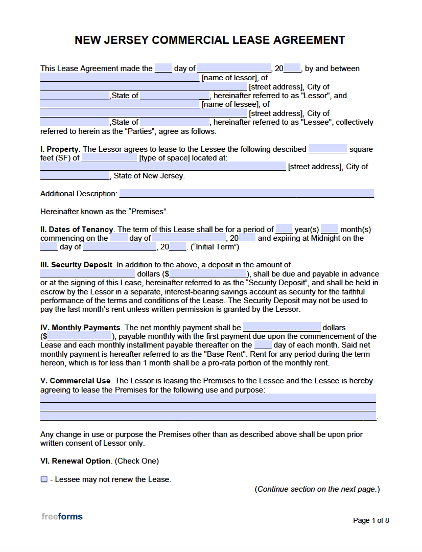 New Jersey Commercial Lease Agreement Free Form Printable Form