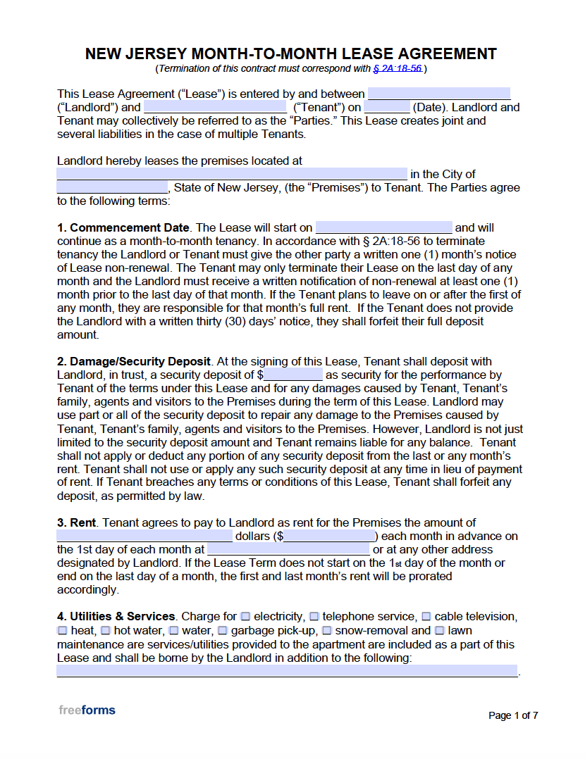 Free New Jersey Month to Month Lease Agreement Template | PDF | WORD