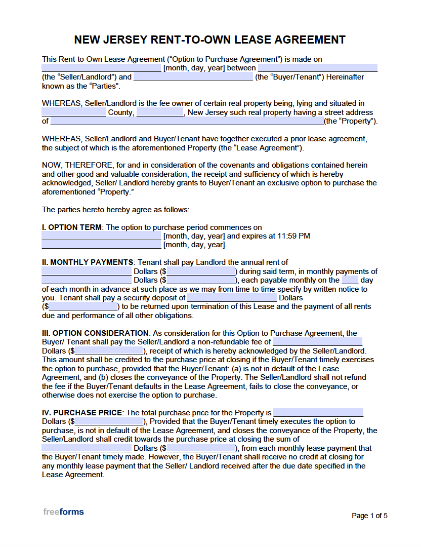 Free New Jersey Rent to Own Lease Agreement Template PDF WORD