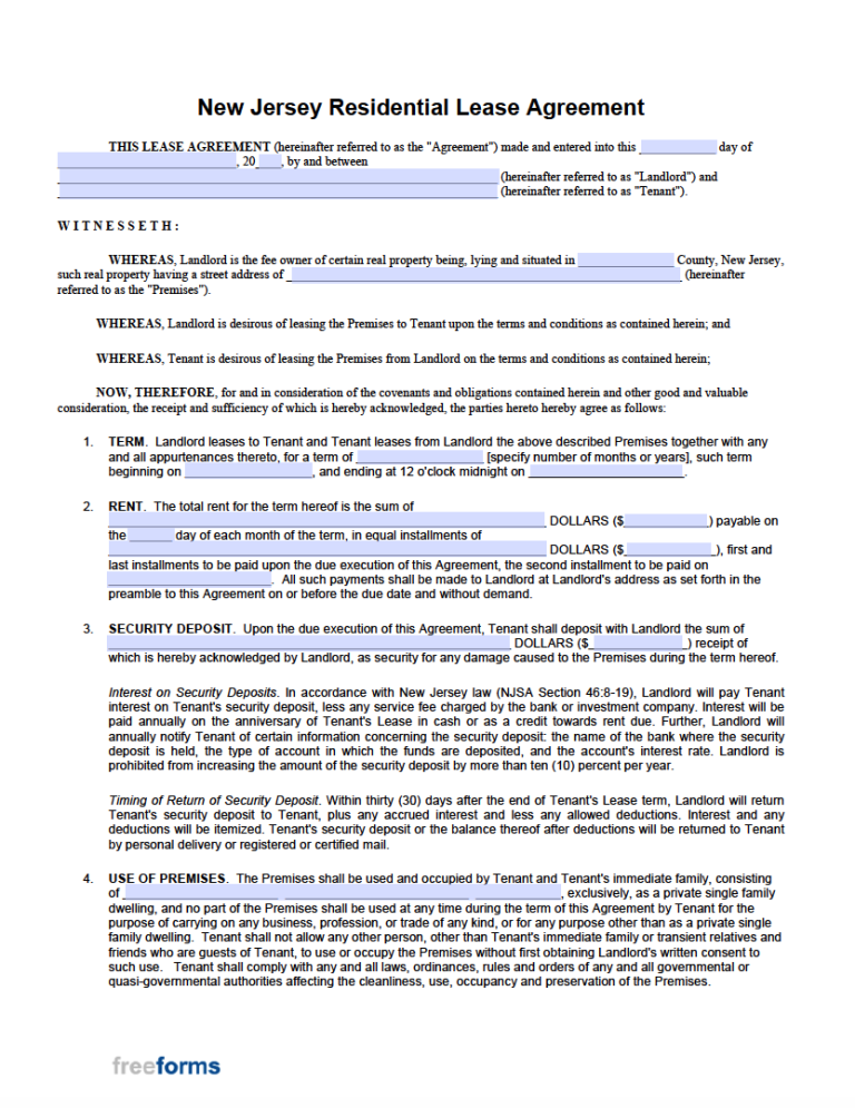 Free New Jersey Rental Lease Agreement Templates PDF