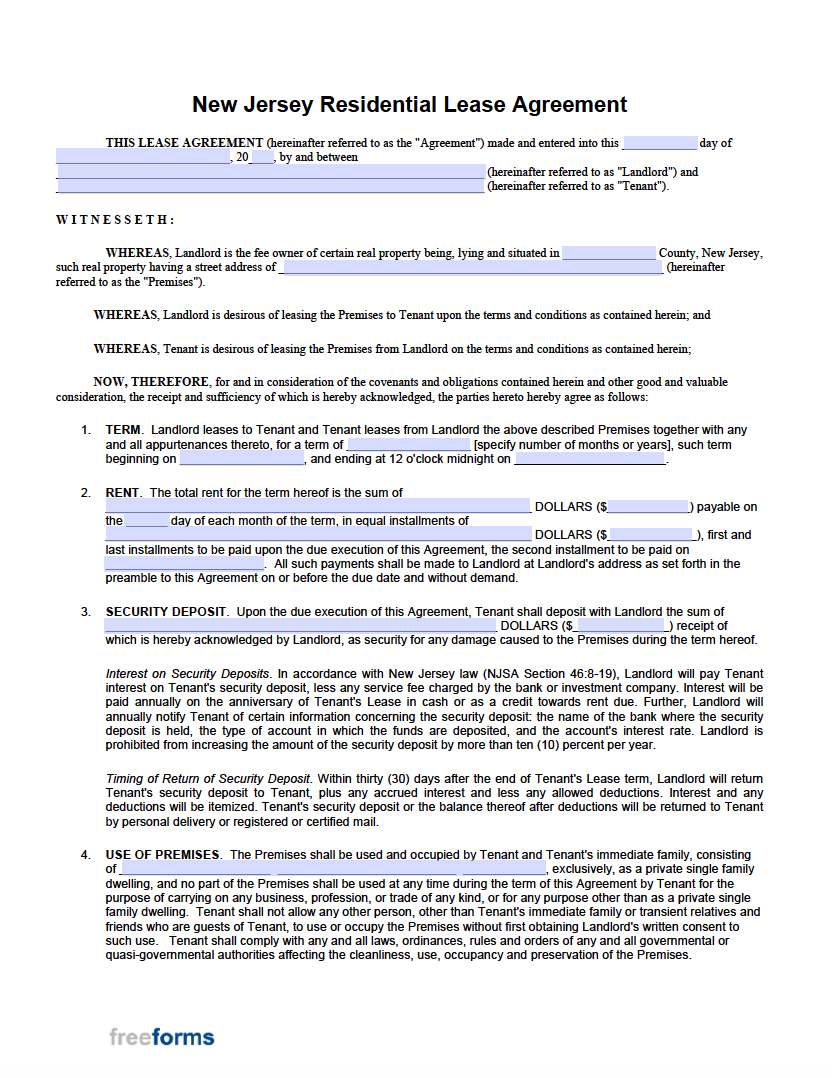 Simple New Jersey Residential Lease Agreement Form Free Printable 