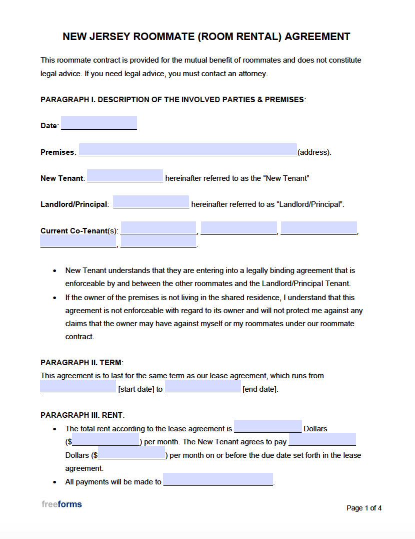 Free New Jersey Roommate (Room Rental) Agreement Template  PDF  WORD With free roommate lease agreement template