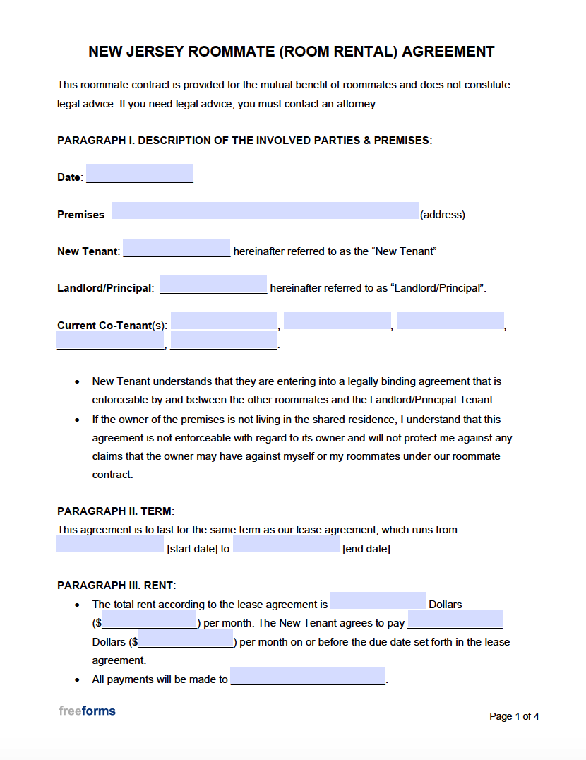 Free Apartment Lease Form Nj Printable Printable Forms Free Online   New Jersey Roommate Room Rental Agreement 