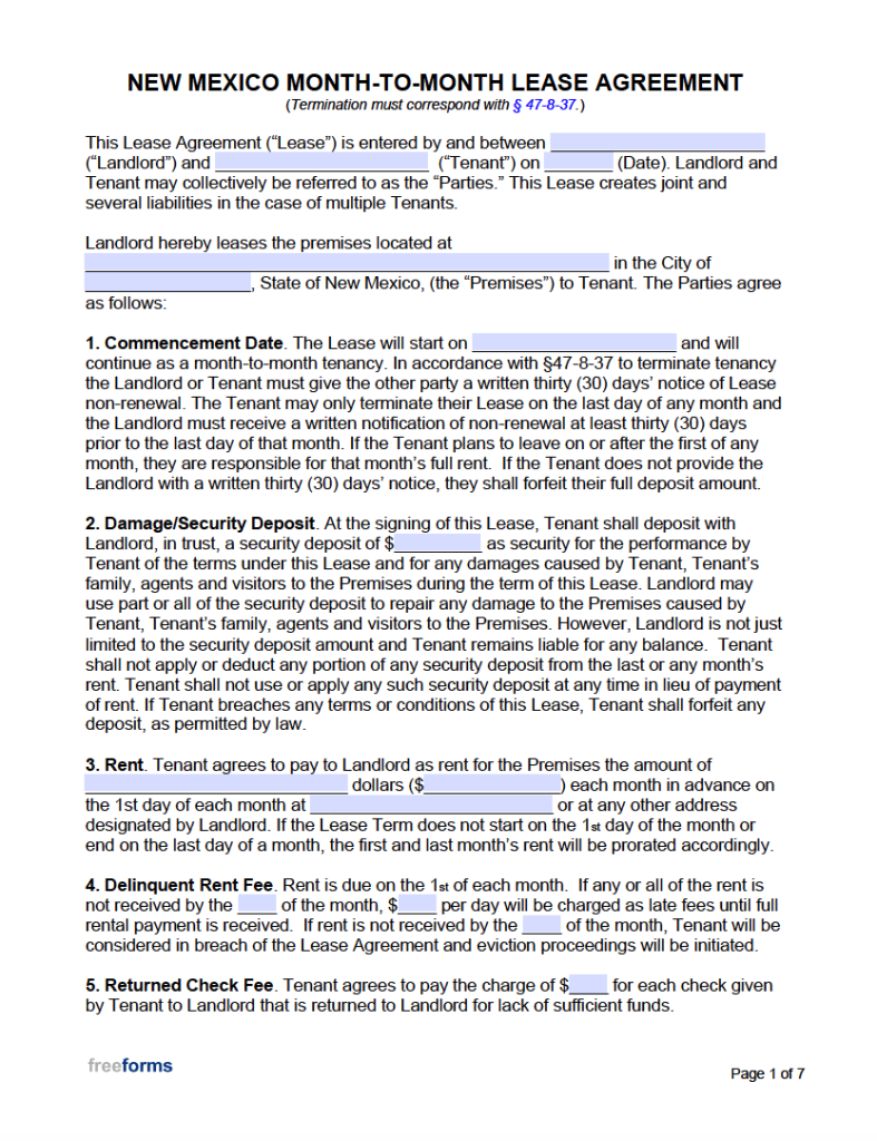Free New Mexico Rental Lease Agreement Templates PDF WORD