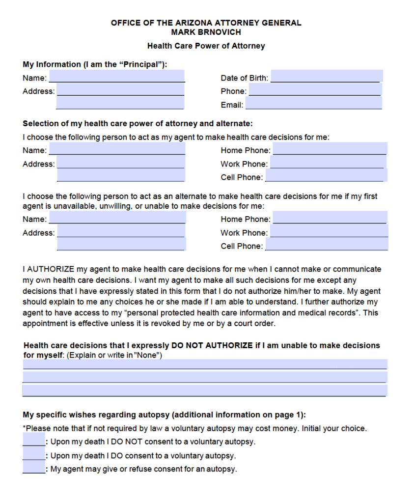 Free Arizona Medical Health Care Power Of Attorney Form PDF
