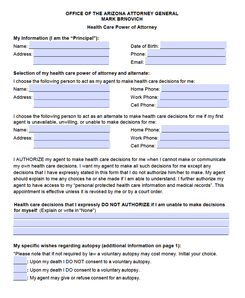Free Printable Power Of Attorney Forms For Arizona