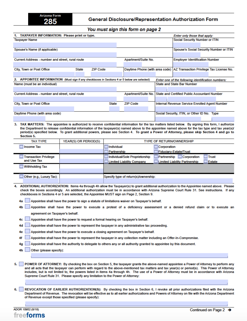 Free Arizona State Tax Power Of Attorney Form 285 Pdf 