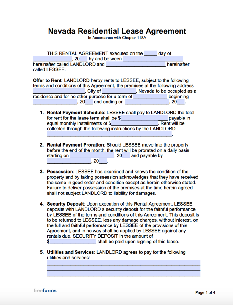 free nevada standard residential lease agreement template pdf word