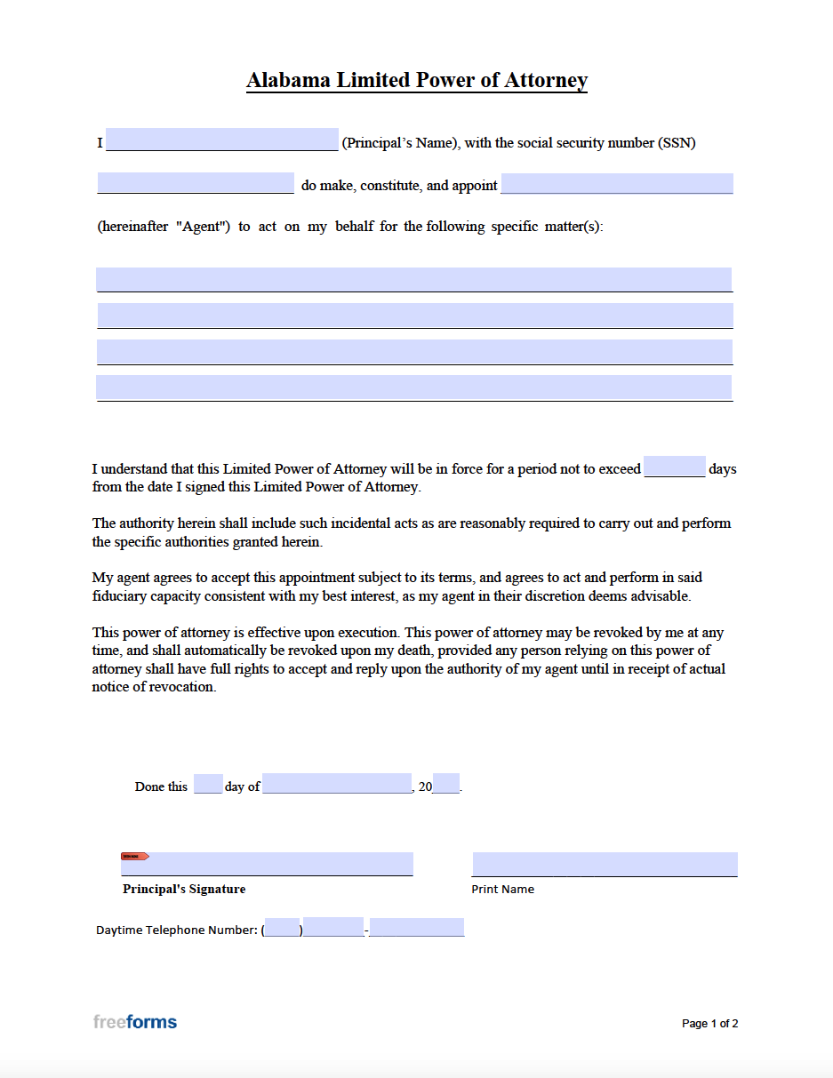 Free Alabama Limited Special Power Of Attorney Form PDF