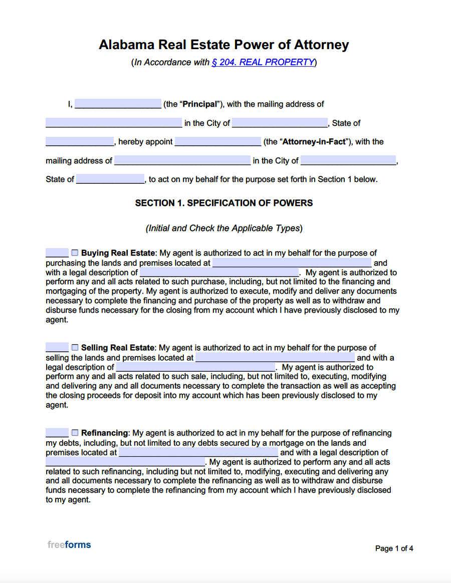 Free Alabama Real Estate Power Of Attorney Form PDF WORD