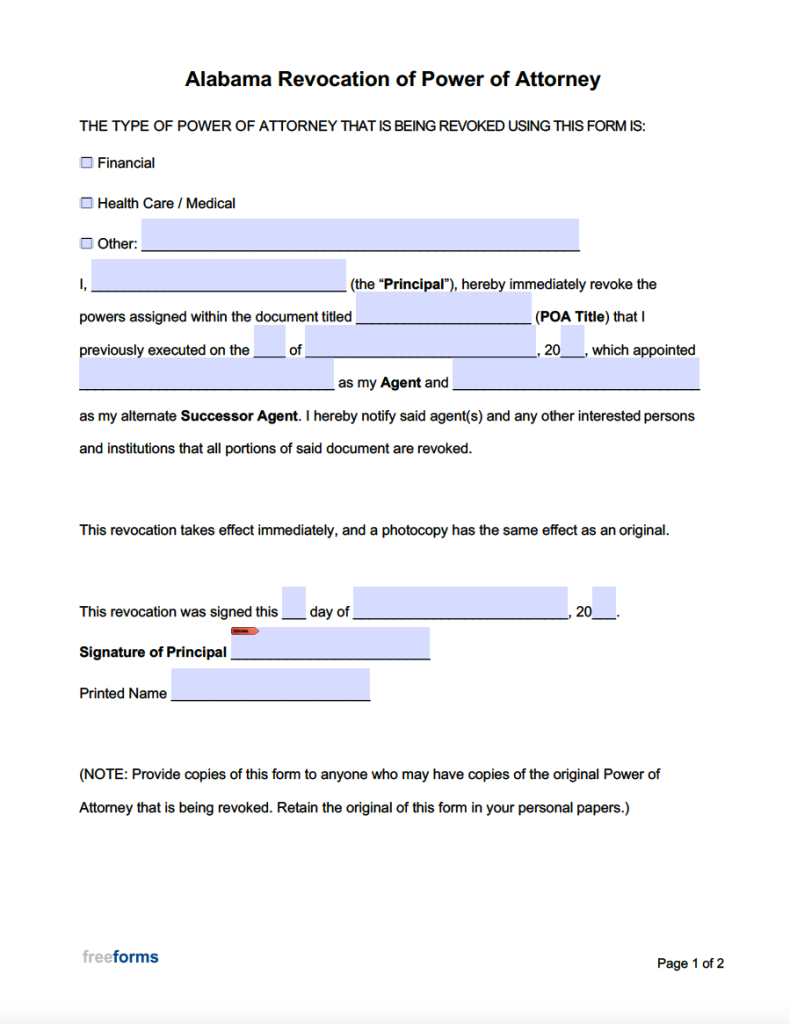 Free Alabama Revocation of Power of Attorney Form | PDF | Word