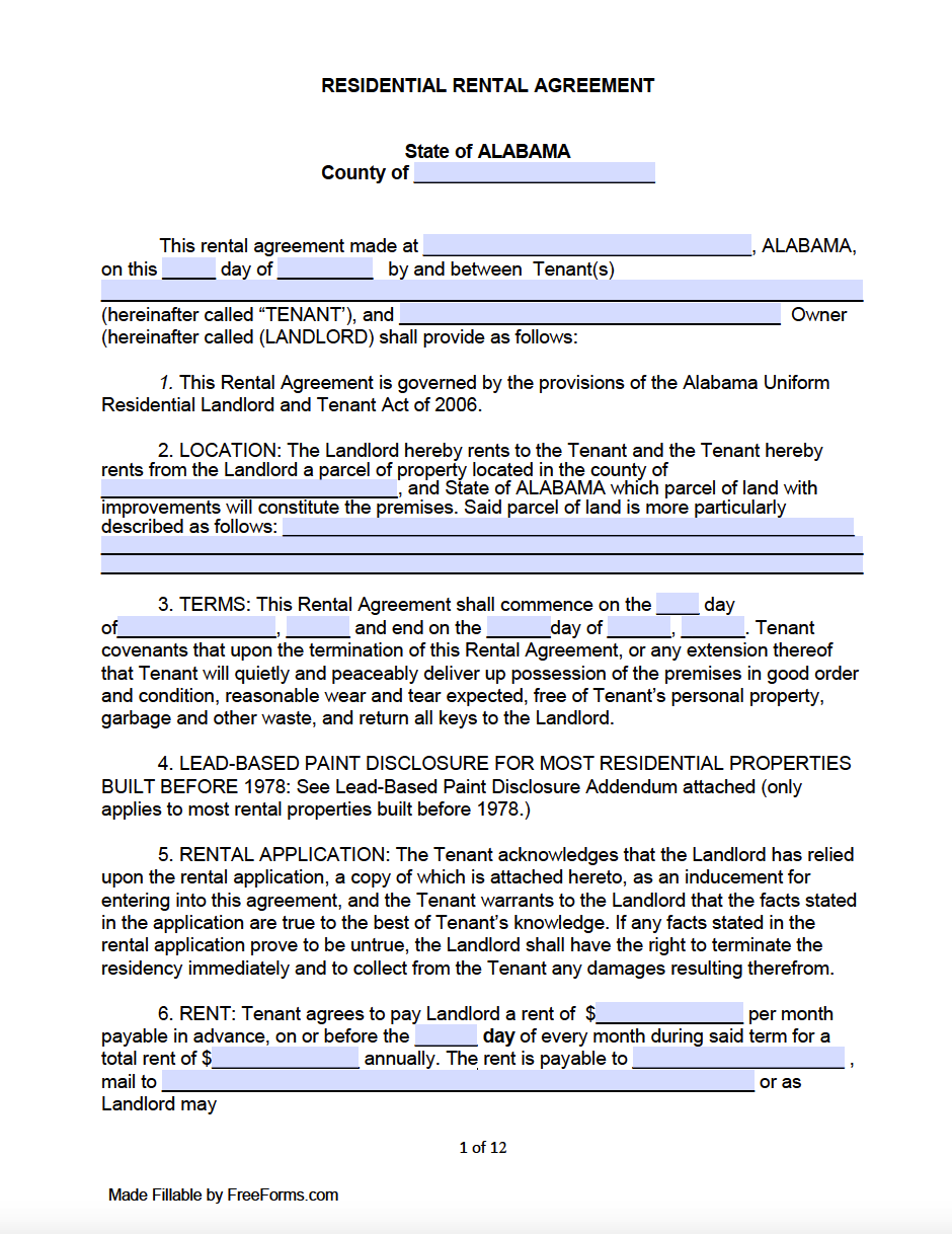 Free Alabama Standard Residential Lease Agreement Template Pdf