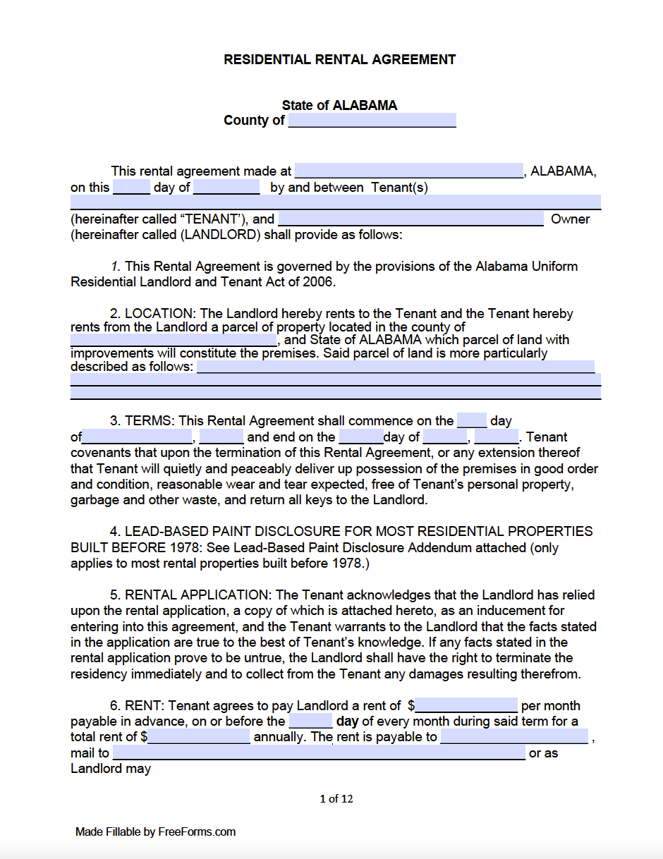 Free Alabama Residential Lease Agreement Template Printable Templates