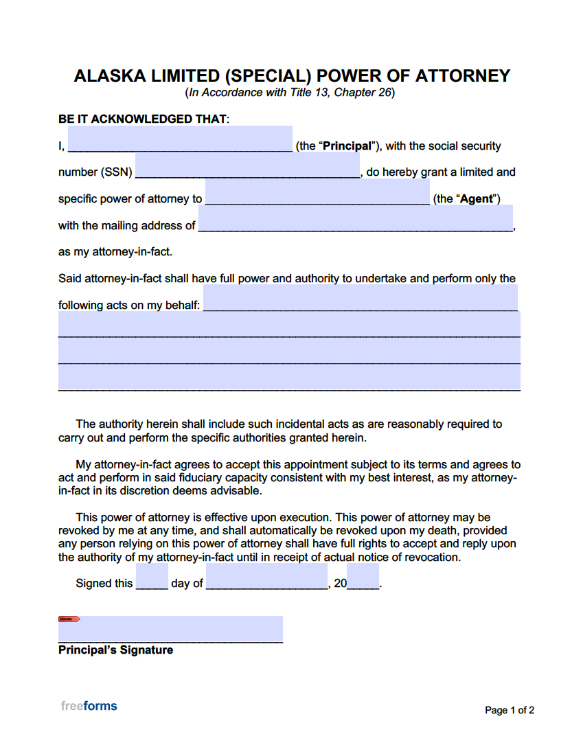 Free Alaska Limited Special Power Of Attorney Form Pdf Word