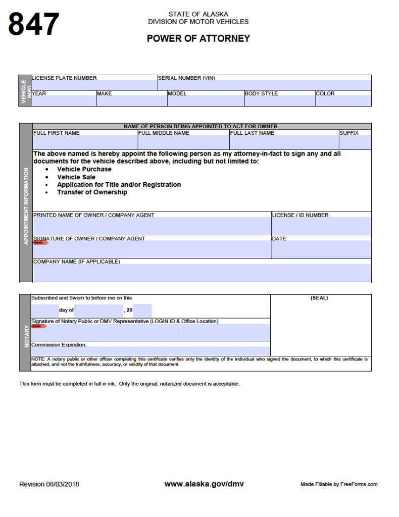 Free Alaska Motor Vehicle Power of Attorney (Form 847) | PDF