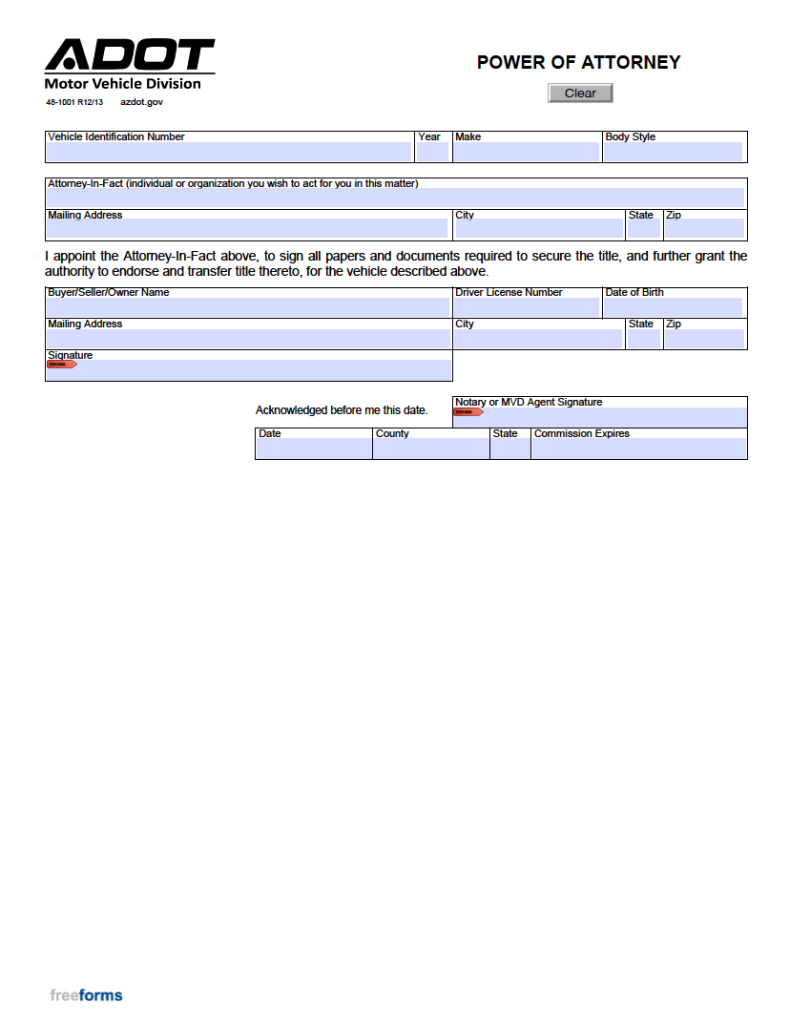Free Arizona Motor Vehicle Power of Attorney (Form 481001) PDF