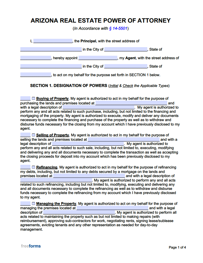 Free Arizona Real Estate Power Of Attorney Form PDF WORD