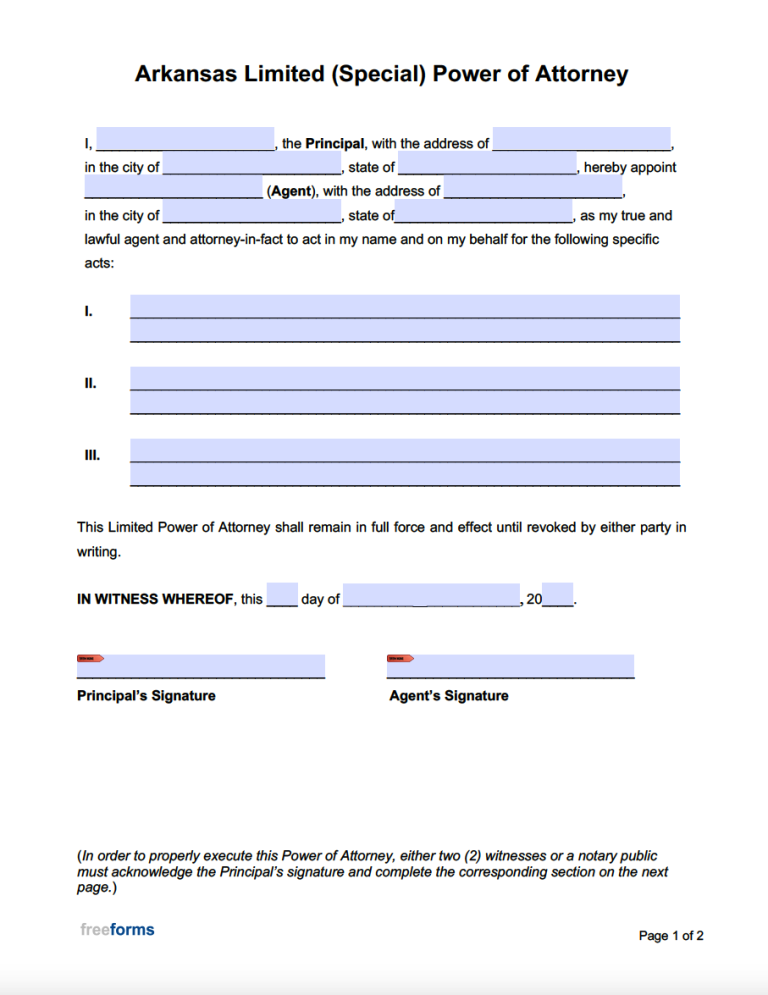 Free Arkansas Limited Special Power Of Attorney Form PDF WORD