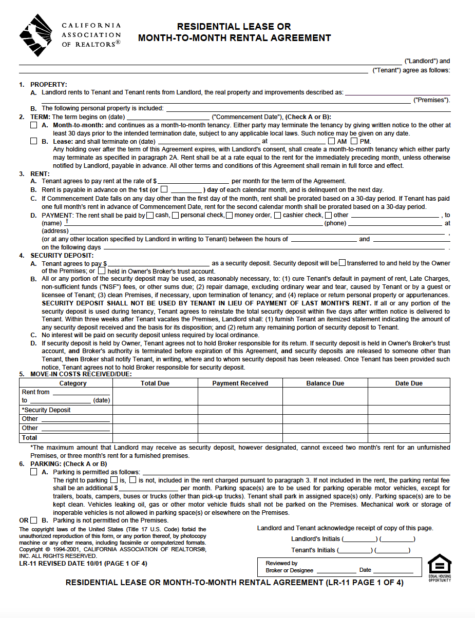 California Association Of Realtors Residential Lease Agreement 