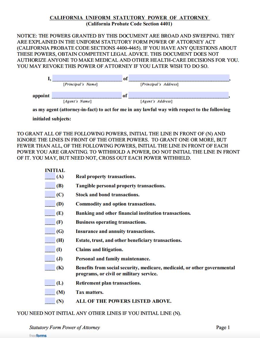 Free California Power of Attorney Forms  PDF