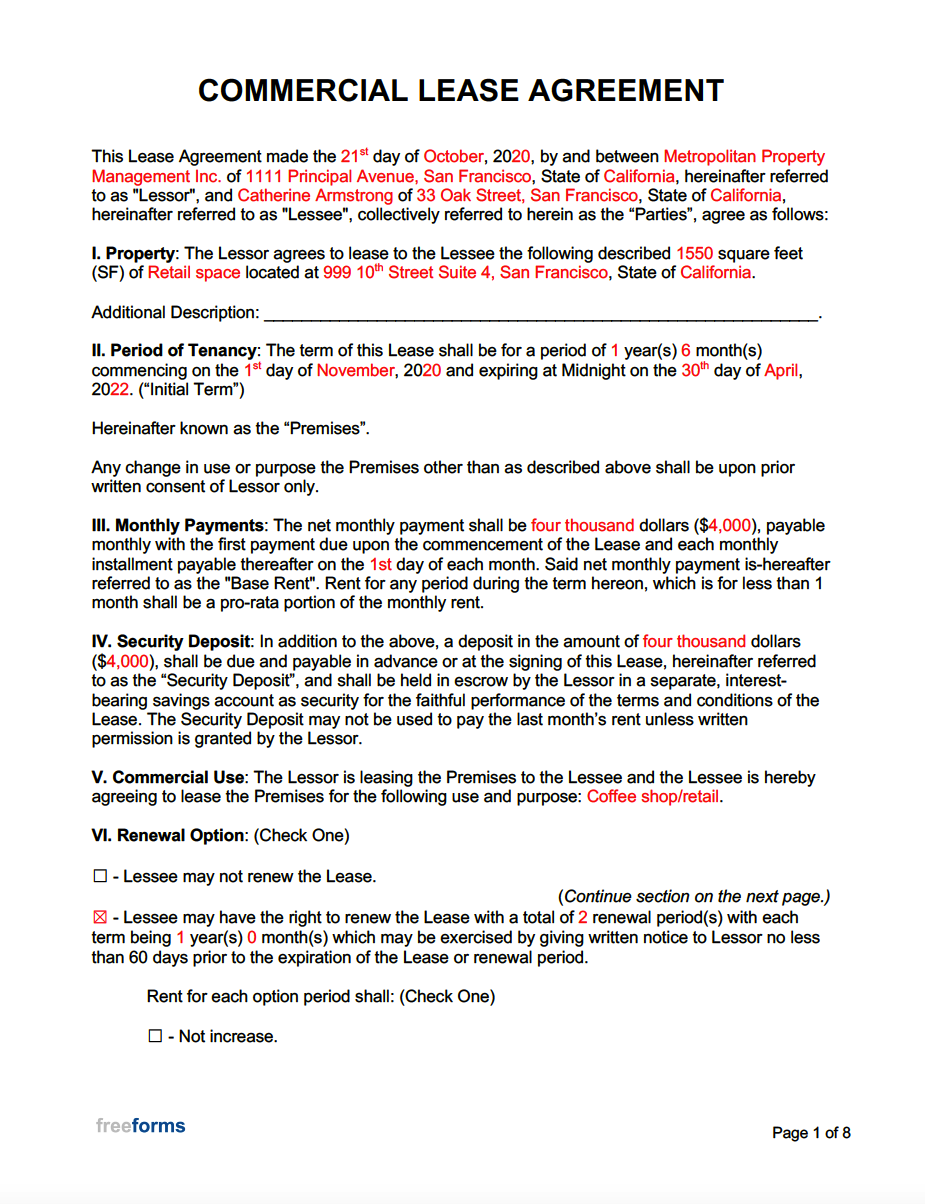 Free Commercial Rental Lease Agreement Templates Pdf Word 1568