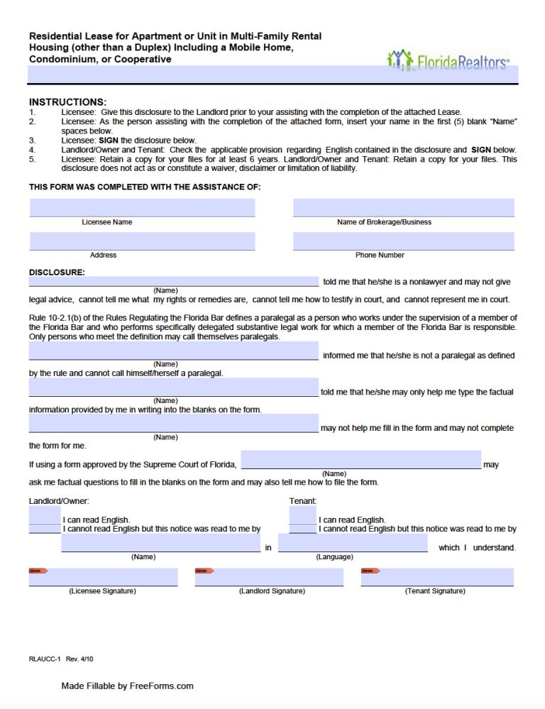 Free Florida Standard Residential Lease Agreement Template PDF WORD