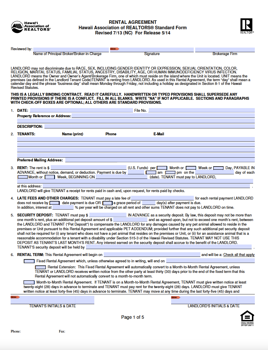 Rental Agreement Hawaii Template   Hawaii Association Of Realtors Rental Agreement 